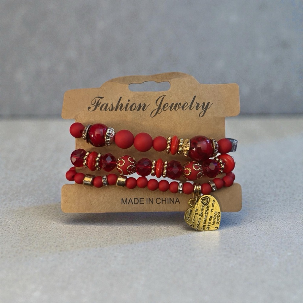 Red Beaded Bracelet Set with Gold Accents - Picture 2 of 2